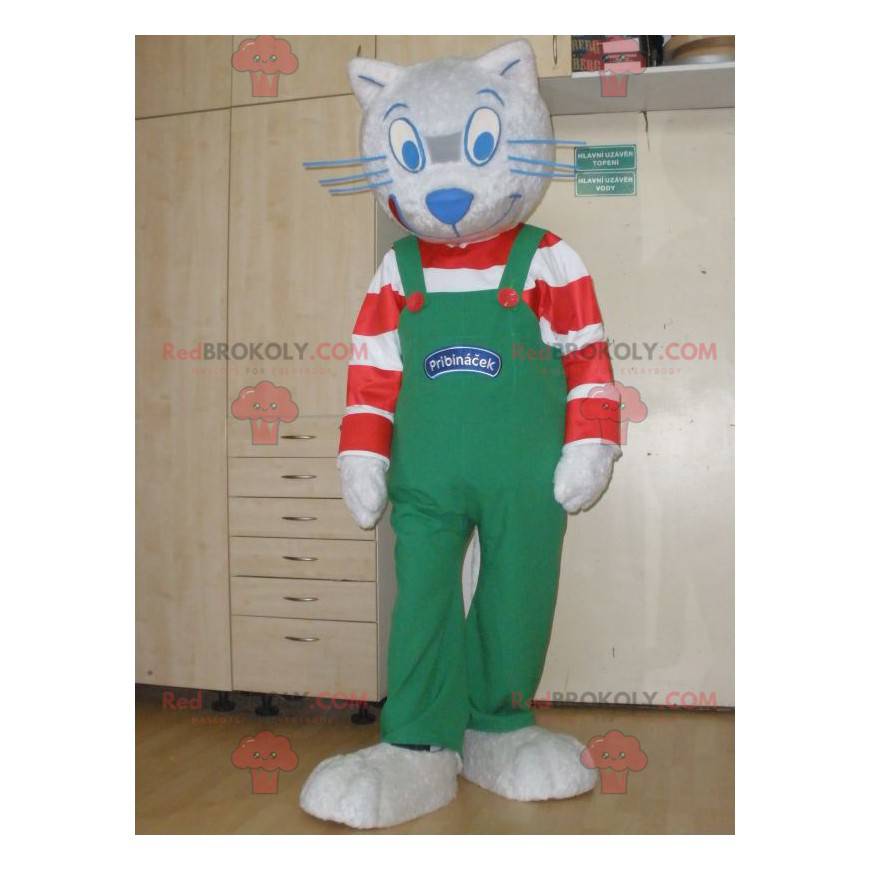 Mascote gato cinza com roupa listrada e macacão - Redbrokoly.com