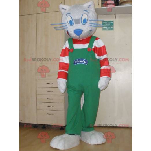 Graues Katzenmaskottchen mit gestreiftem Outfit und Overall -