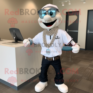 White Attorney mascot costume character dressed with a Bomber Jacket and Necklaces