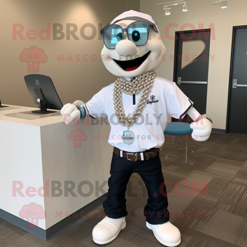 White Attorney mascot costume character dressed with a Bomber Jacket and Necklaces White Attorney mascot costume character dressed with a Bomber Jacket and Necklaces