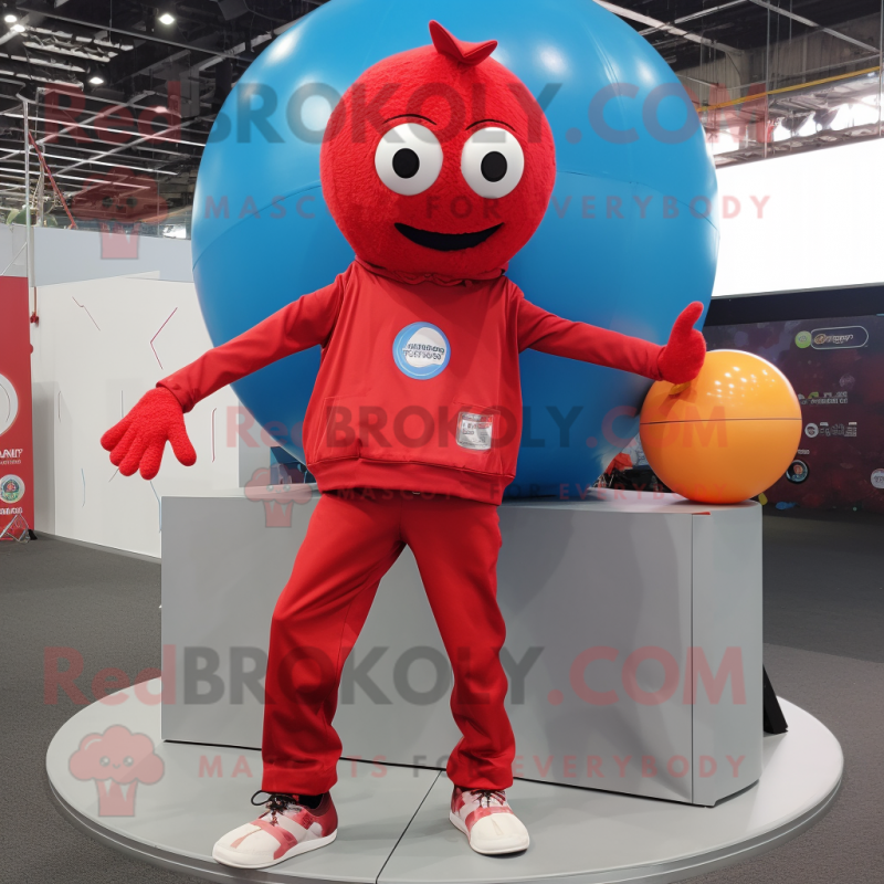Red Handball Ball mascot costume character dressed with a Skinny Jeans and Shawl pins Red Handball Ball mascot costume character dressed with a Skinny Jeans and Shawl pins