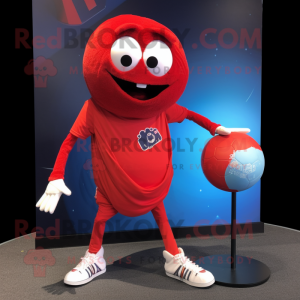 Red Handball Ball mascot costume character dressed with a Skinny Jeans and Shawl pins