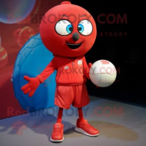 Red Handball Ball mascot costume character dressed with a Skinny Jeans and Shawl pins