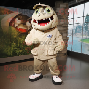 Beige Piranha mascot costume character dressed with a Windbreaker and Shoe clips