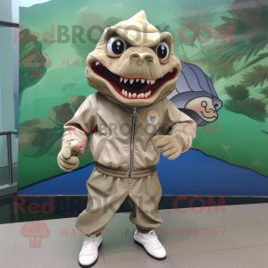 Beige Piranha mascot costume character dressed with a Windbreaker and Shoe clips