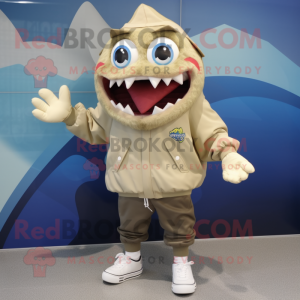 Beige Piranha mascot costume character dressed with a Windbreaker and Shoe clips