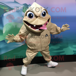 Beige Piranha mascot costume character dressed with a Windbreaker and Shoe clips