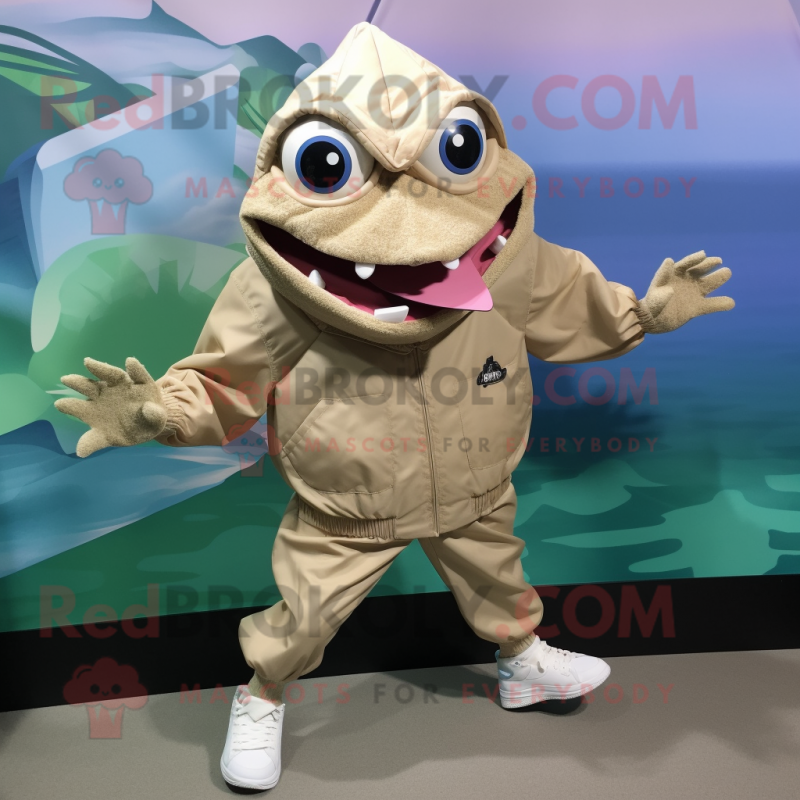 Beige Piranha mascot costume character dressed with a Windbreaker and Shoe clips Beige Piranha mascot costume character dressed with a Windbreaker and Shoe clips