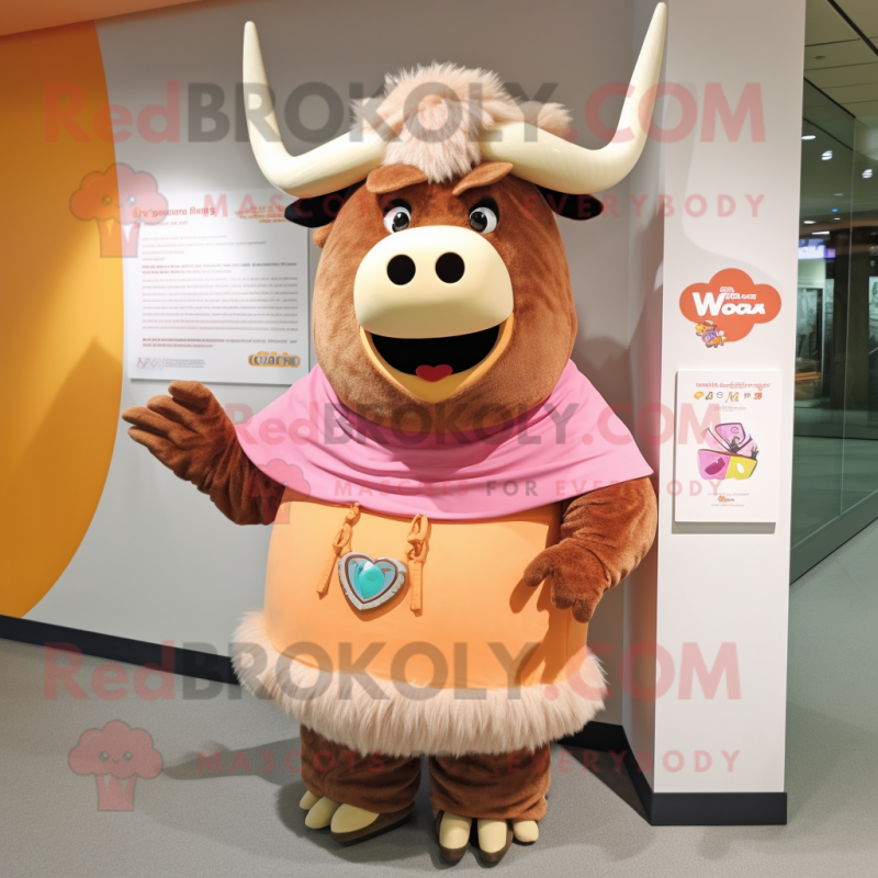 Peach Yak mascot costume character dressed with a Cover-up and Shawl pins