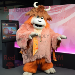 Peach Yak mascot costume character dressed with a Cover-up and Shawl pins
