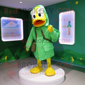 Green Duck mascot costume character dressed with a Windbreaker and Messenger bags