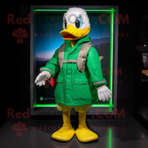 Green Duck mascot costume character dressed with a Windbreaker and Messenger bags