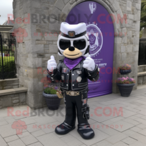 Lavender Irish Castle mascot costume character dressed with a Biker Jacket and Bracelet watches