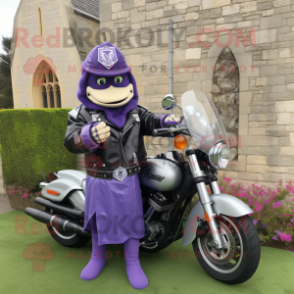 Lavender Irish Castle mascot costume character dressed with a Biker Jacket and Bracelet watches