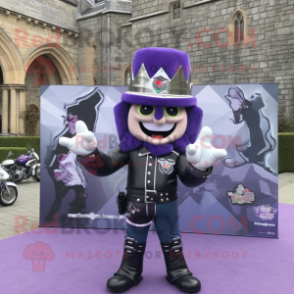 Lavender Irish Castle mascot costume character dressed with a Biker Jacket and Bracelet watches