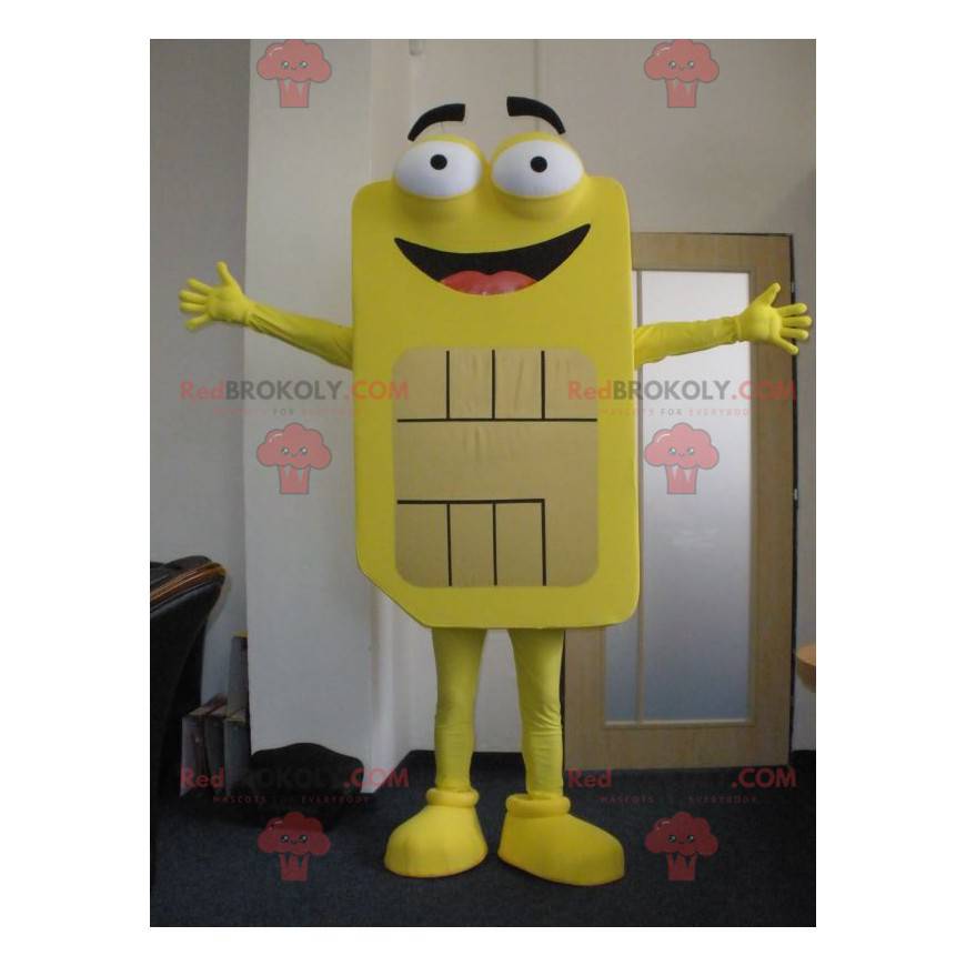 Mascotte de carte Sim jaune géante. Mascotte de téléphonie -