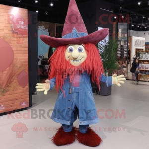 Maroon Witch'S Hat mascot costume character dressed with a Denim Shirt and Hair clips