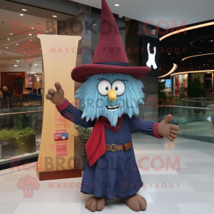 Maroon Witch'S Hat mascot costume character dressed with a Denim Shirt and Hair clips