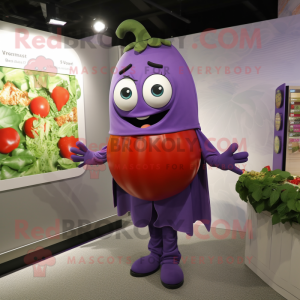 Purple Tomato mascot costume character dressed with a Cover-up and Earrings