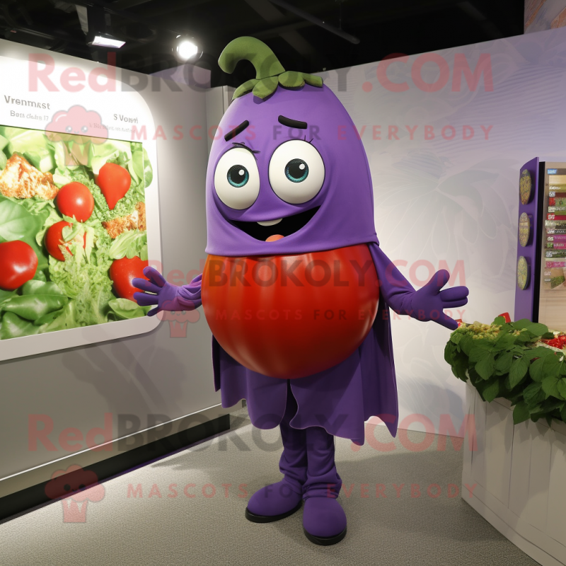 Purple Tomato mascot costume character dressed with a Cover-up and Earrings Purple Tomato mascot costume character dressed with a Cover-up and Earrings