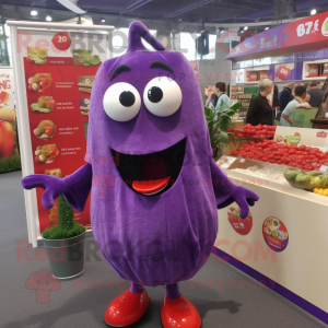 Purple Tomato mascot costume character dressed with a Cover-up and Earrings