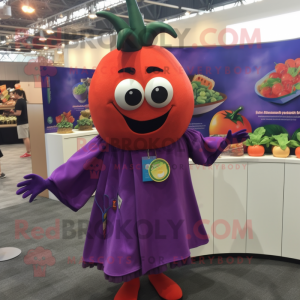 Purple Tomato mascot costume character dressed with a Cover-up and Earrings