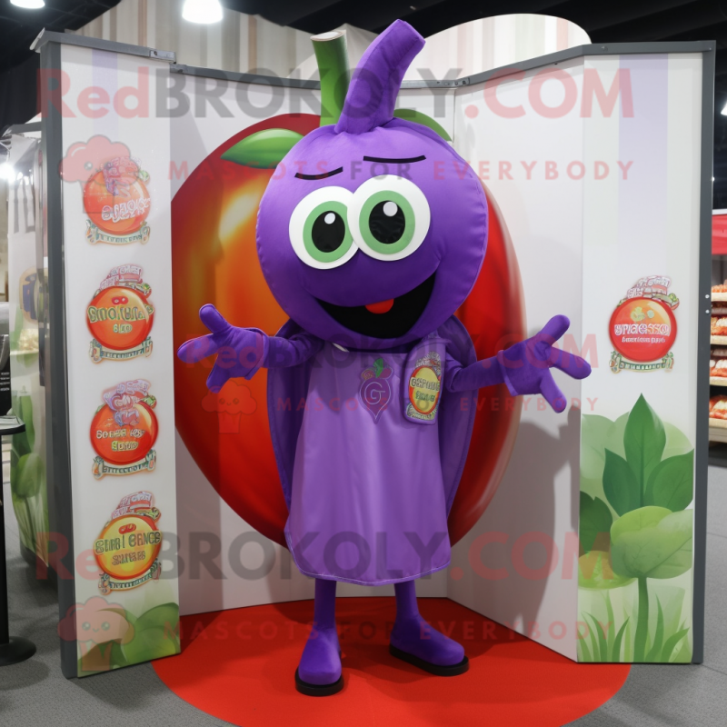 Purple Tomato mascot costume character dressed with a Cover-up and Earrings