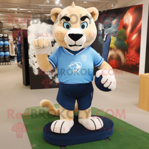 Sky Blue Mountain Lion mascot costume character dressed with a Rugby Shirt and Shoe clips