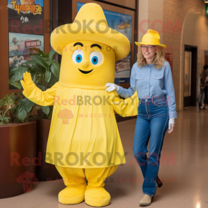Lemon Yellow Jambalaya mascot costume character dressed with a Mom Jeans and Hats