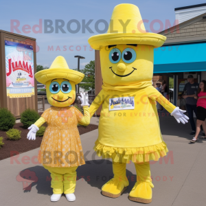 Lemon Yellow Jambalaya mascot costume character dressed with a Mom Jeans and Hats