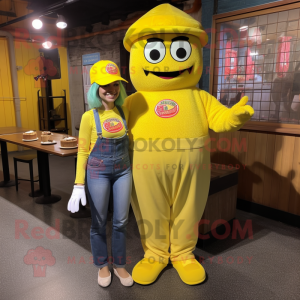 Lemon Yellow Jambalaya mascot costume character dressed with a Mom Jeans and Hats