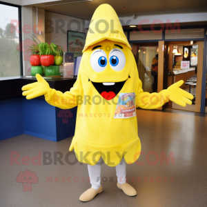 Lemon Yellow Jambalaya mascot costume character dressed with a Mom Jeans and Hats