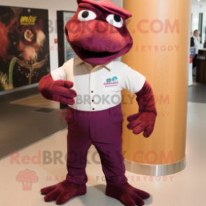 Maroon Lizard mascot costume character dressed with a Trousers and Brooches