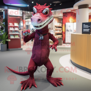 Maroon Lizard mascot costume character dressed with a Trousers and Brooches