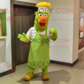 Lime Green Rooster mascot costume character dressed with a Overalls and Headbands