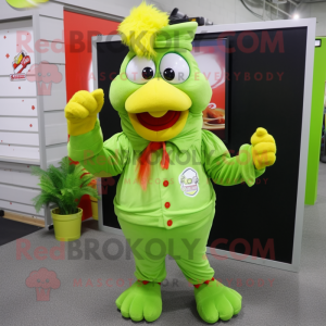 Lime Green Rooster mascot costume character dressed with a Overalls and Headbands