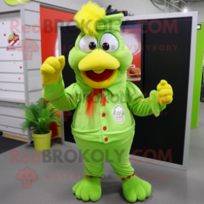 Lime Green Rooster mascot costume character dressed with a Overalls and Headbands