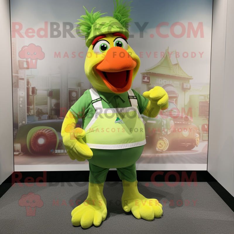 Lime Green Rooster mascot costume character dressed with a Overalls and Headbands Lime Green Rooster mascot costume character dressed with a Overalls and Headbands