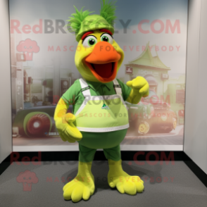 Lime Green Rooster mascot costume character dressed with a Overalls and Headbands