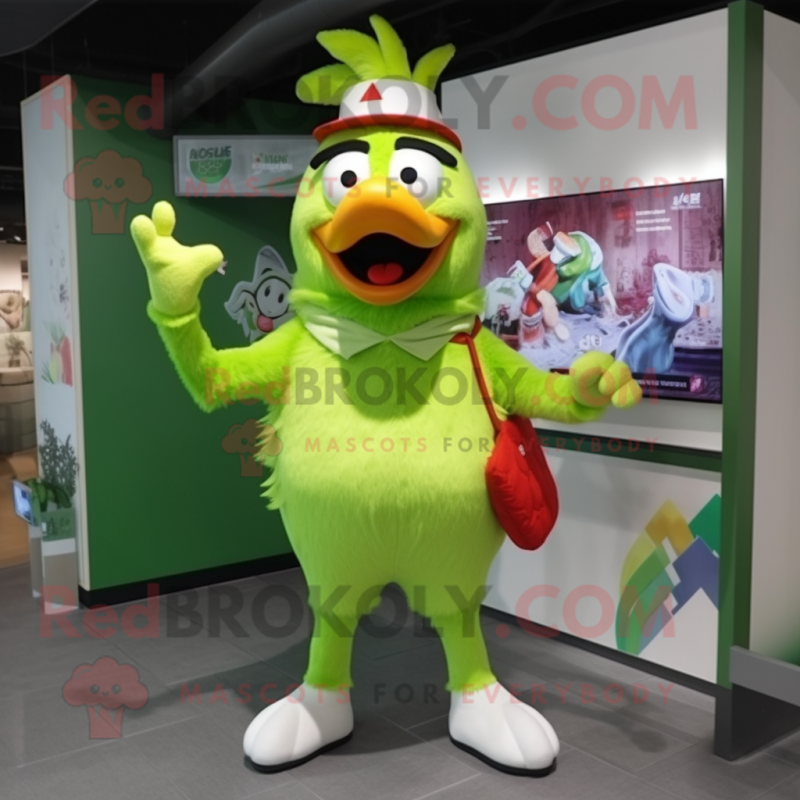Lime Green Rooster mascot costume character dressed with a Overalls and Headbands Lime Green Rooster mascot costume character dressed with a Overalls and Headbands