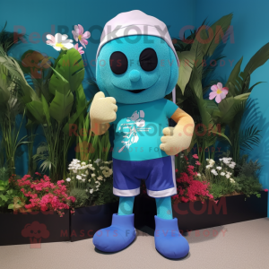 Cyan Bouquet Of Flowers mascot costume character dressed with a Board Shorts and Beanies