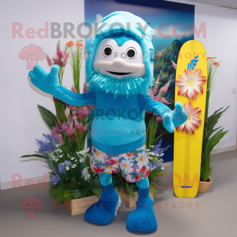 Cyan Bouquet Of Flowers mascot costume character dressed with a Board Shorts and Beanies