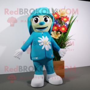 Cyan Bouquet Of Flowers mascot costume character dressed with a Board Shorts and Beanies