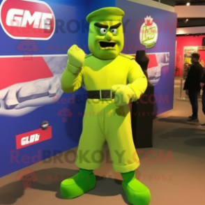 Lime Green Gi Joe mascot costume character dressed with a Culottes and Clutch bags