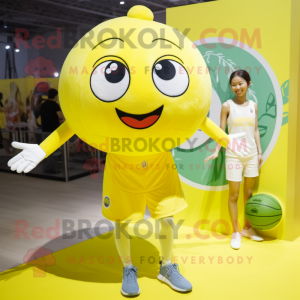 Lemon Yellow Pho mascot costume character dressed with a Tank Top and Hairpins