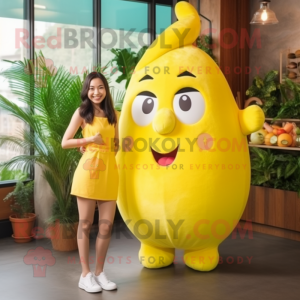 Lemon Yellow Pho mascot costume character dressed with a Tank Top and Hairpins