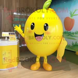 Lemon Yellow Pho mascot costume character dressed with a Tank Top and Hairpins