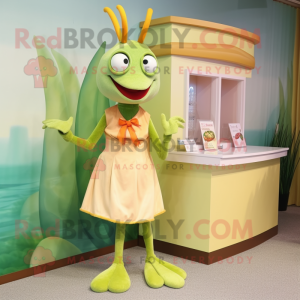 Olive Shrimp Scampi mascot costume character dressed with a A-Line Skirt and Brooches