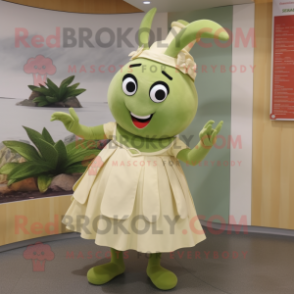 Olive Shrimp Scampi mascot costume character dressed with a A-Line Skirt and Brooches