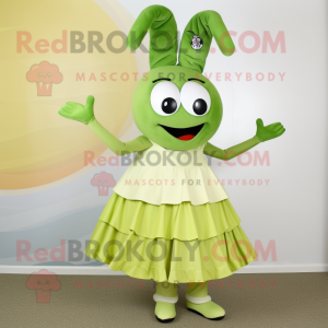 Olive Shrimp Scampi mascot costume character dressed with a A-Line Skirt and Brooches